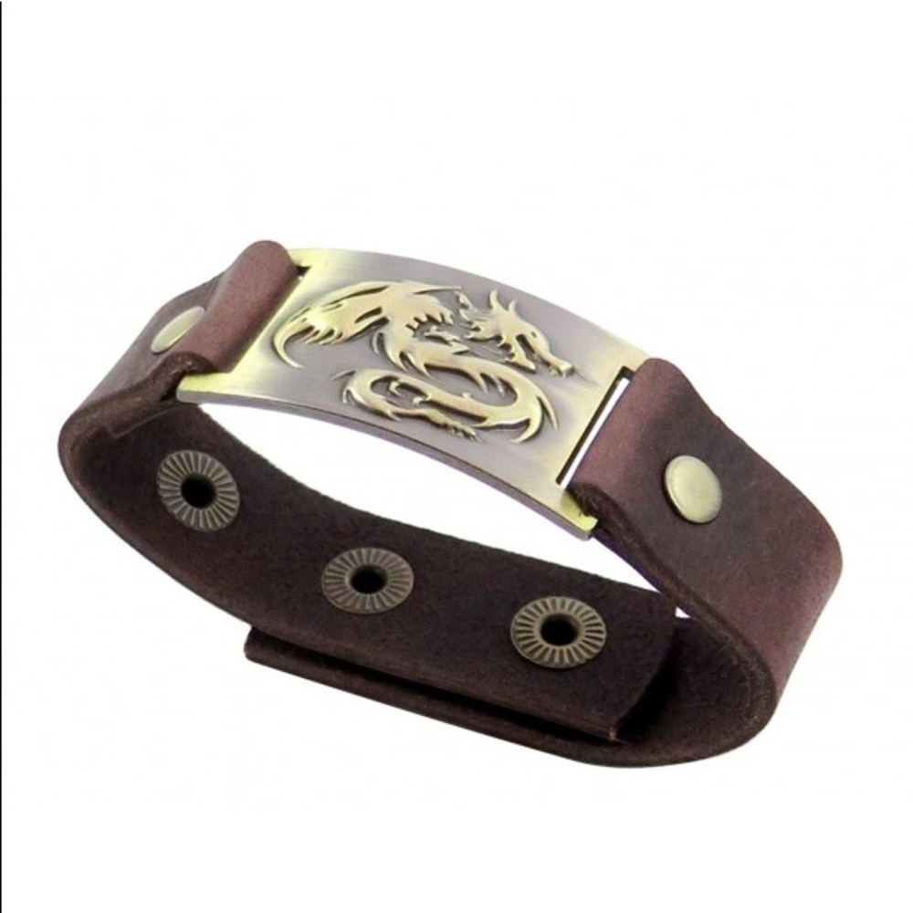 Leather bracelet with brass dragon